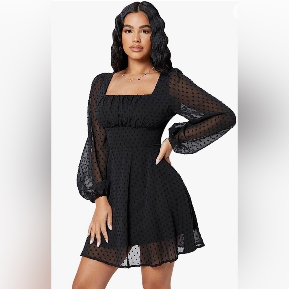 Mesh Square Neck Bishop Sleeve Chiffon Dress